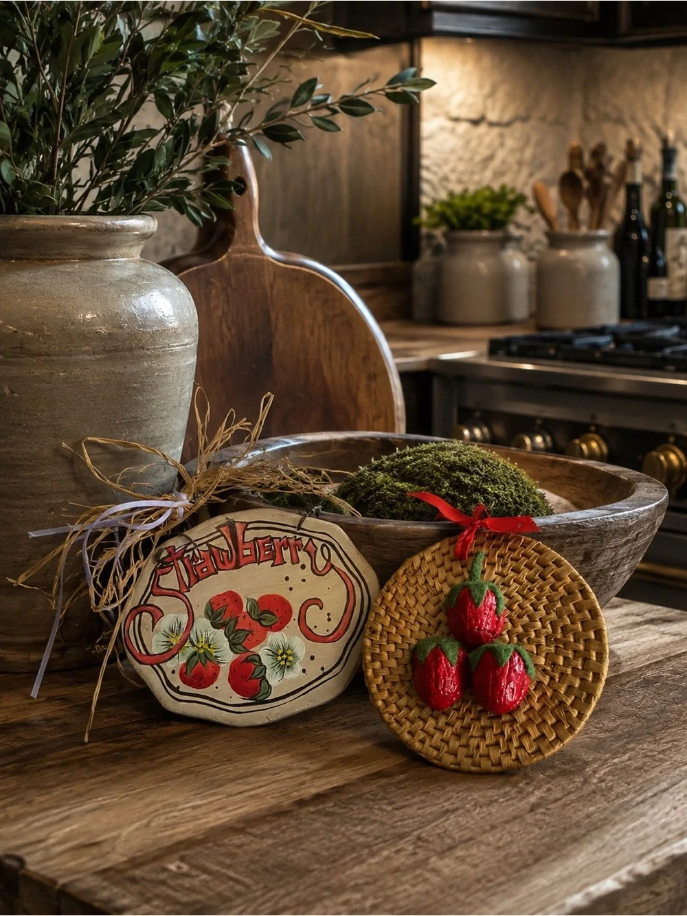 Handcrafted Rustic Strawberry Décor Set – Wooden Plaque & Strawberry Ornament